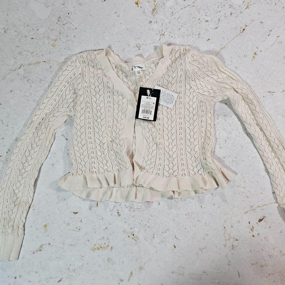 Art Class Girls Cream Pointelle Knit Cardigan Sweater Ruffle Hem Size M 8 NWT
